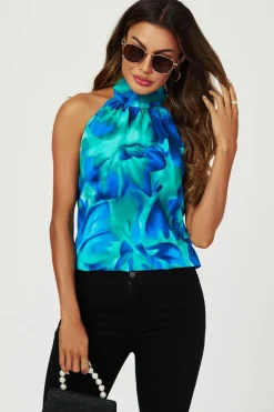 Abstract Floral Print Halter Neck Tie Back Top In Blue by FS Collection
