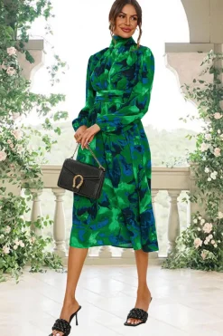 Abstract Floral Print Long Sleeve Midi Dress In Green by FS Collection