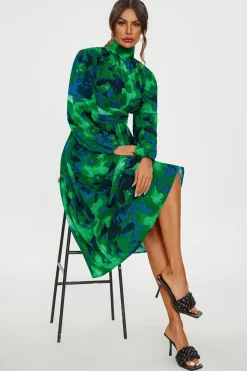 Abstract Floral Print Long Sleeve Midi Dress In Green by FS Collection