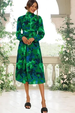 Abstract Floral Print Long Sleeve Midi Dress In Green by FS Collection