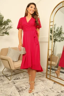 Angel Sleeve Lace High Low Hem True Wrap Dress by Double Second