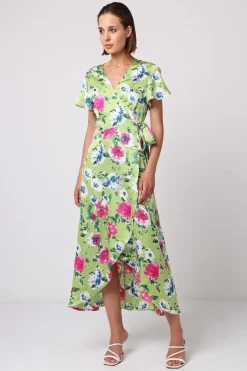 Angel Sleeve Tie Wrap Dress In Green Floral Print by Angeleye