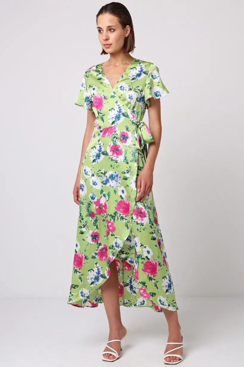 Angel Sleeve Tie Wrap Dress In Green Floral Print by Angeleye