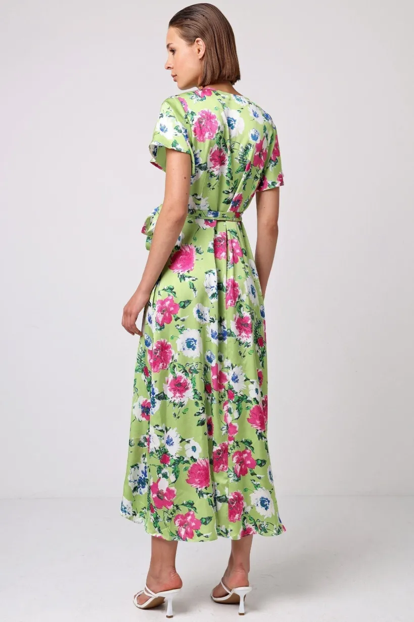 Angel Sleeve Tie Wrap Dress In Green Floral Print by Angeleye