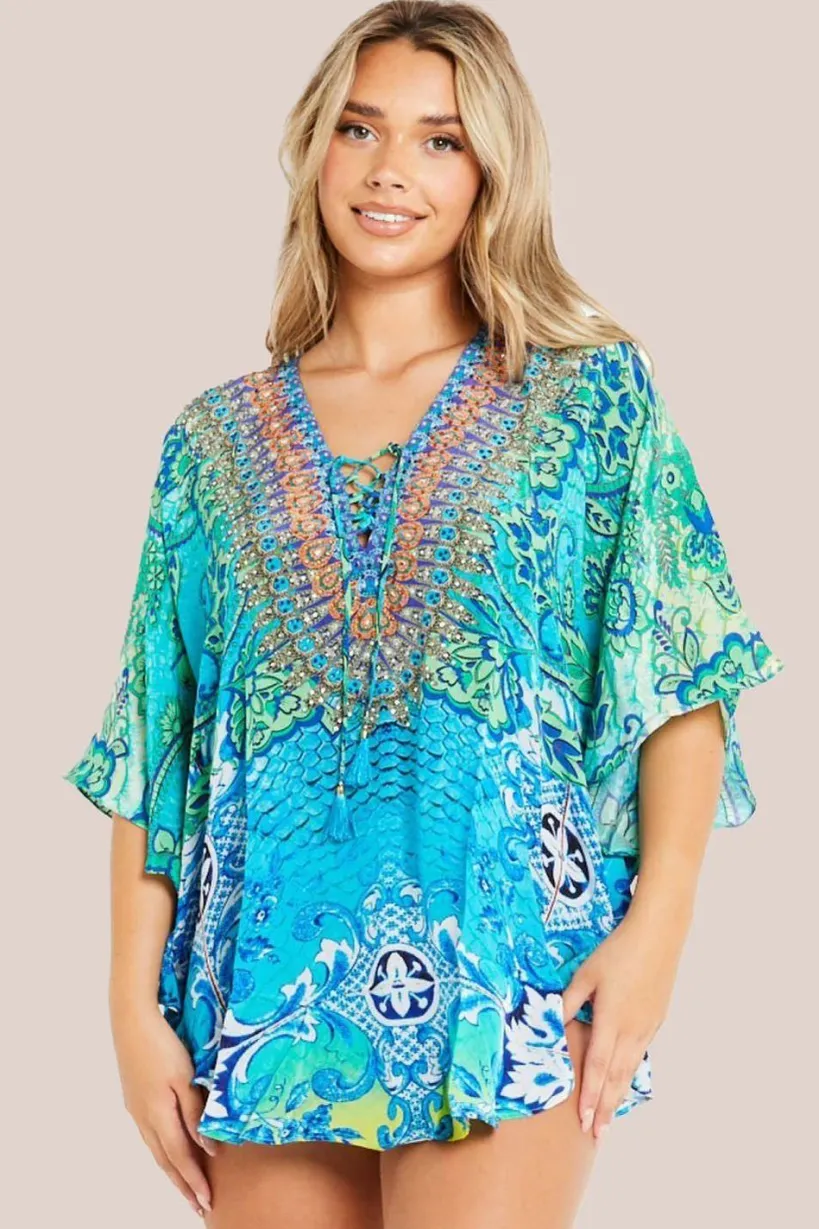 Aqua Blue Floral Short Beach Dress Kaftan by Aftershock London