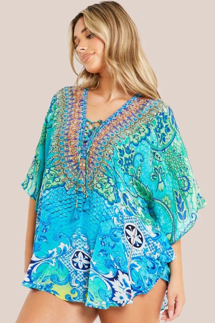 Aqua Blue Floral Short Beach Dress Kaftan by Aftershock London