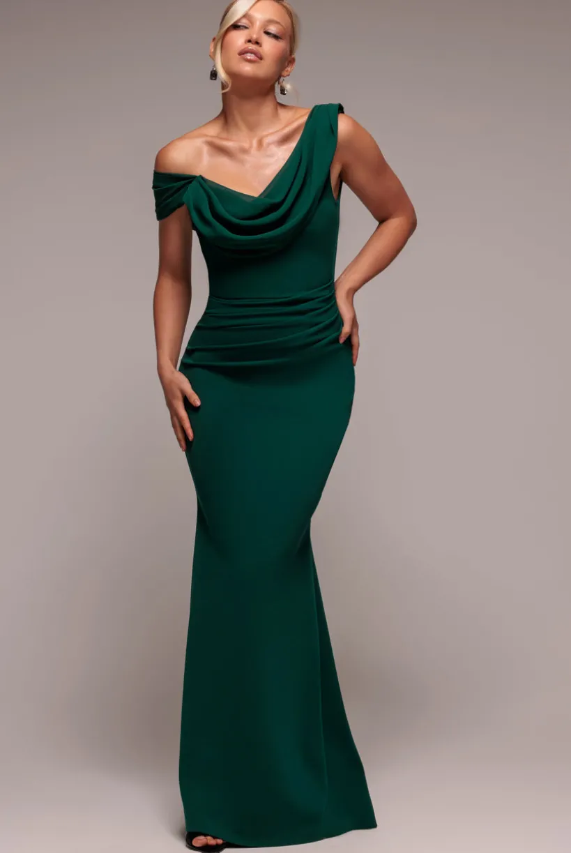 Asymmetric Chiffon Cowl Neck Scuba Maxi Dress - Emerald Green by Goddiva
