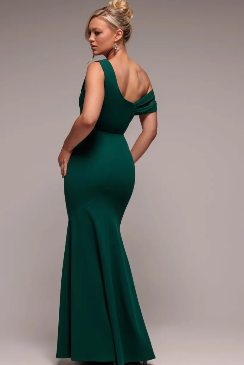Asymmetric Chiffon Cowl Neck Scuba Maxi Dress - Emerald Green by Goddiva