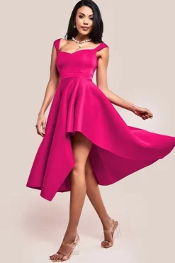 Asymmetric Flared Hem Midi Dress - Magenta by Goddiva