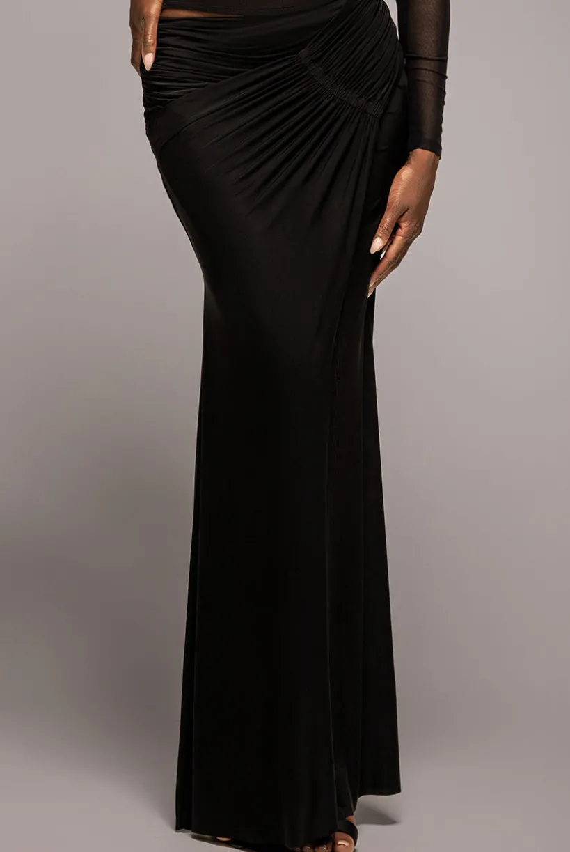 Asymmetric Gathered Front Split Maxi Skirt - Black by Goddiva