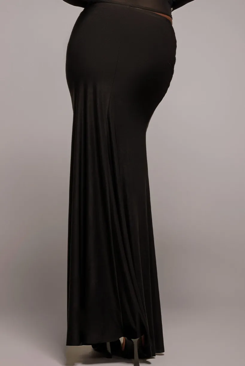 Asymmetric Gathered Front Split Maxi Skirt - Black by Goddiva