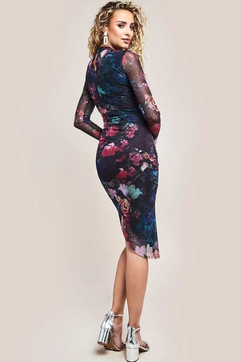 Asymmetric Gathered Skirt Midi Dress - Black by Goddiva