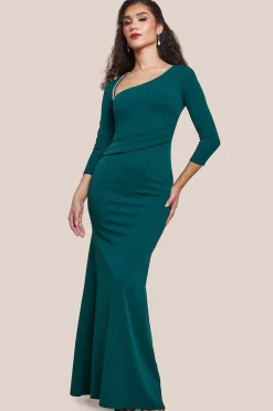 Asymmetric Neck Diamante Embellished Maxi Dress - Emerald Green by Goddiva