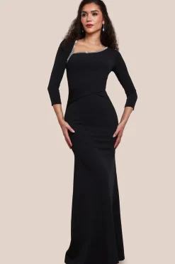 Asymmetric Neck Diamante Embellished Maxi Dress - Black by Goddiva