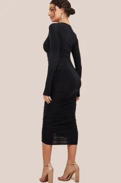 Asymmetrical Neck Ruched Midi Dress - Black by City Goddess