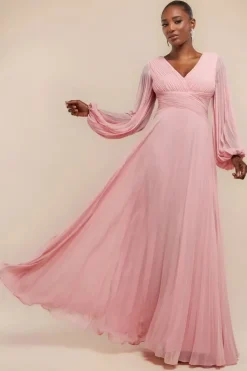 Balloon Sleeve Chiffon Maxi Dress - Blush Pink by Goddiva