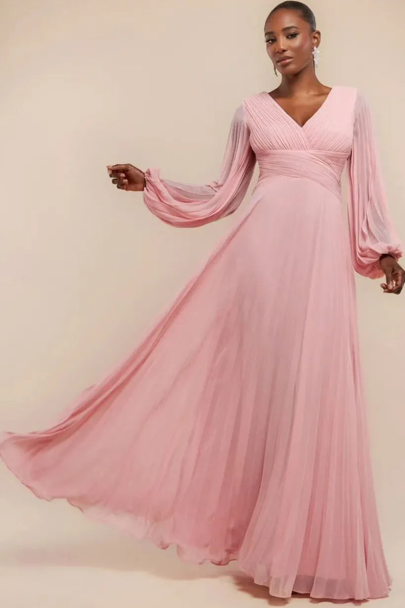 Balloon Sleeve Chiffon Maxi Dress - Blush Pink by Goddiva