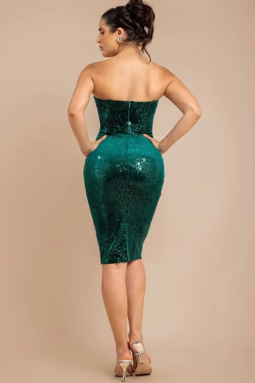 Bandeau Sequin & Velvet Midi Dress - Emerald Green by Goddiva