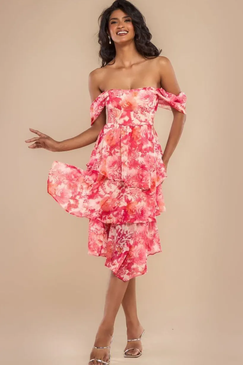Bardot Asymmetric Handkerchief Tier Midaxi - Blush by Goddiva