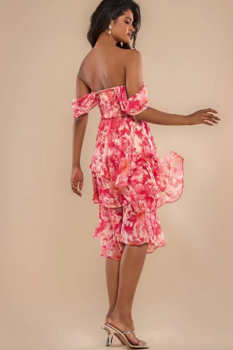 Bardot Asymmetric Handkerchief Tier Midaxi - Blush by Goddiva