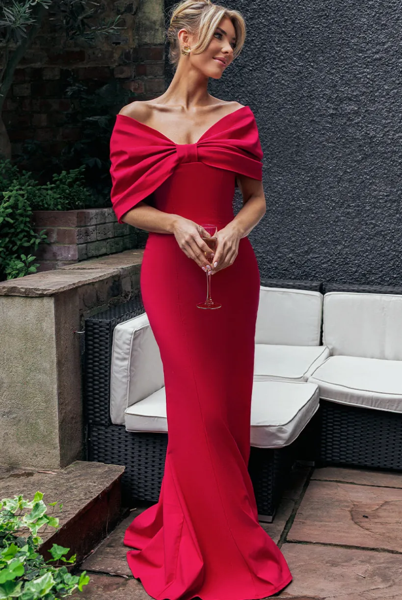 Bardot Bow Neck Maxi Dress - Red by Goddiva