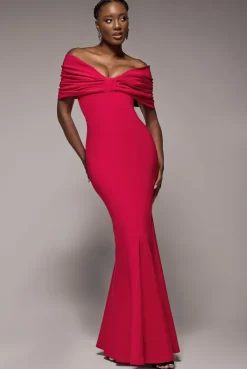 Bardot Bow Neck Maxi Dress - Red by Goddiva