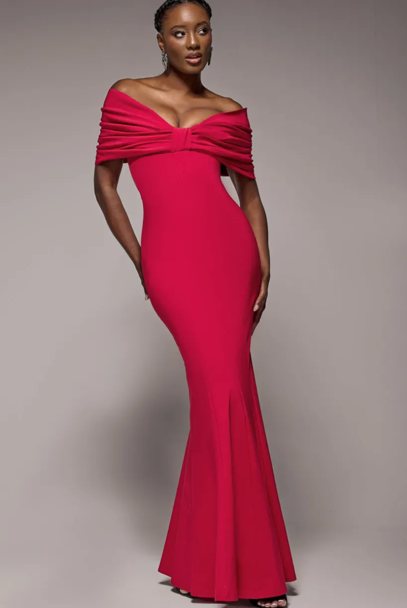 Bardot Bow Neck Maxi Dress - Red by Goddiva