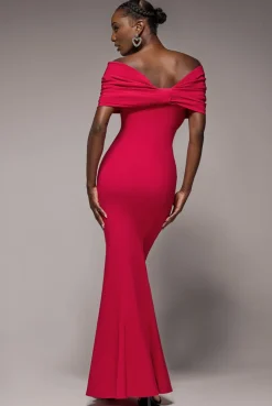 Bardot Bow Neck Maxi Dress - Red by Goddiva