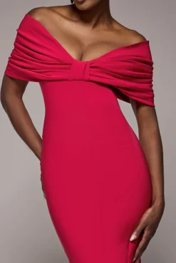 Bardot Bow Neck Maxi Dress - Red by Goddiva