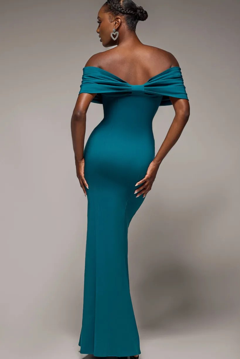 Bardot Bow Neck Maxi Dress - Emerald Green by Goddiva