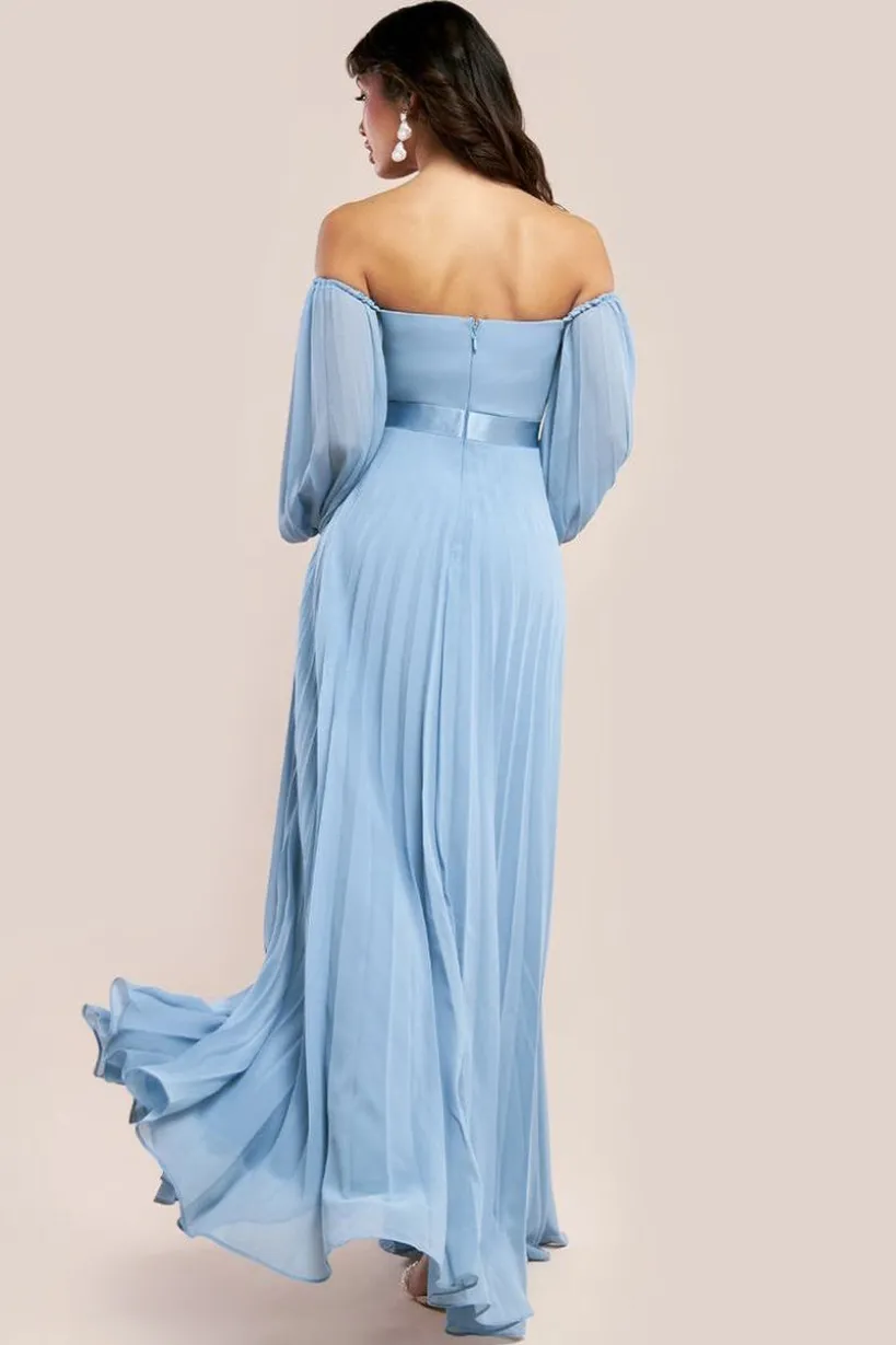 Bardot Chiffon Pleated Maxi - Blue by Goddiva