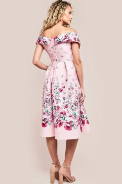 Bardot Floral Print A-Line Scuba Foam Midi Dress - Blush by Goddiva