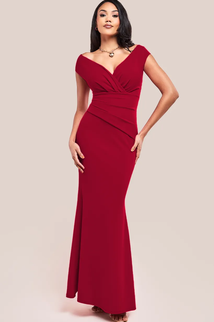 Bardot Pleated Maxi Dress - Wine by Goddiva