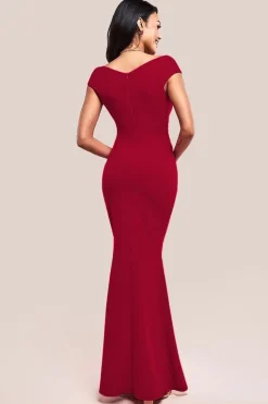 Bardot Pleated Maxi Dress - Wine by Goddiva