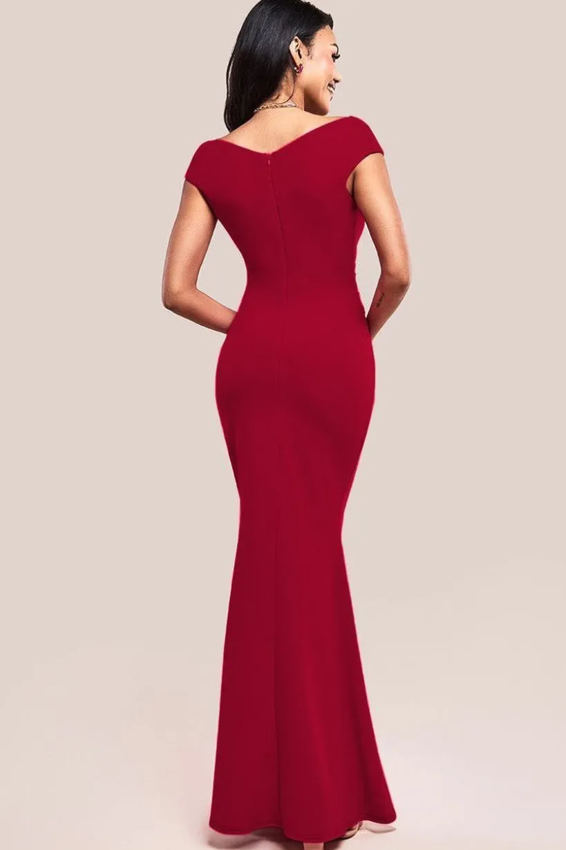 Bardot Pleated Maxi Dress - Wine by Goddiva