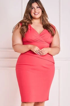 Bardot Pleated Midi Dress - Coral by Goddiva Plus