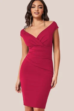 Bardot Pleated Midi Dress - Wine by Goddiva