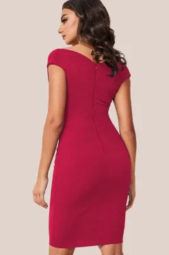 Bardot Pleated Midi Dress - Wine by Goddiva