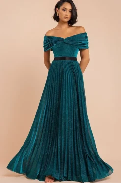 Bardot Pleated Skirt Maxi Dress - Emerald by Goddiva