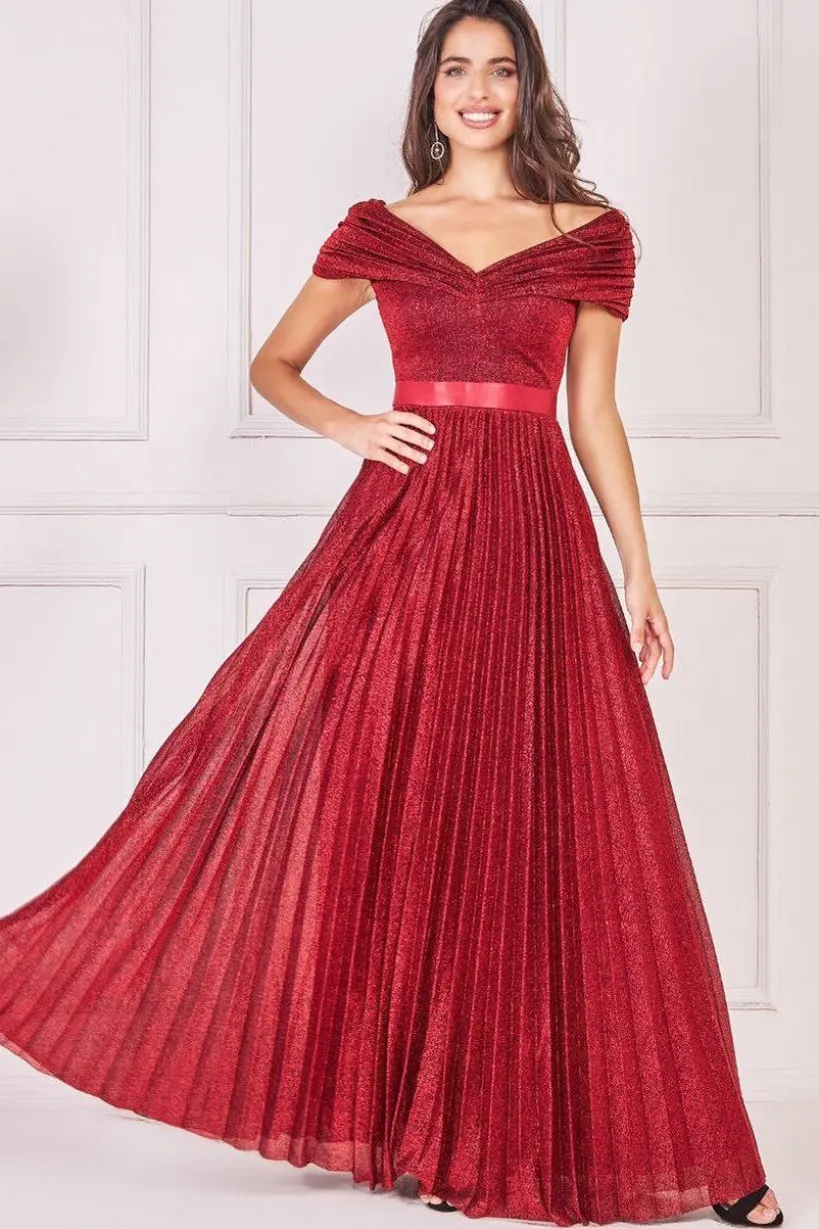 Bardot Pleated Skirt Maxi Dress - Wine by Goddiva