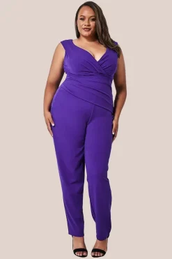 Bardot Scuba Jumpsuit - Purple by Goddiva Plus