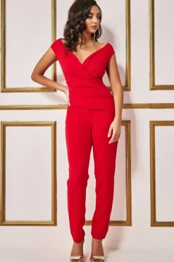 Bardot Scuba Jumpsuit - Red by Goddiva