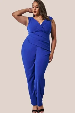 Bardot Scuba Jumpsuit - Royal Blue by Goddiva Plus