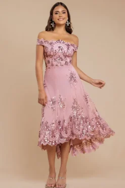 Bardot Sequin & Lace High Low Midi - Blush by Goddiva