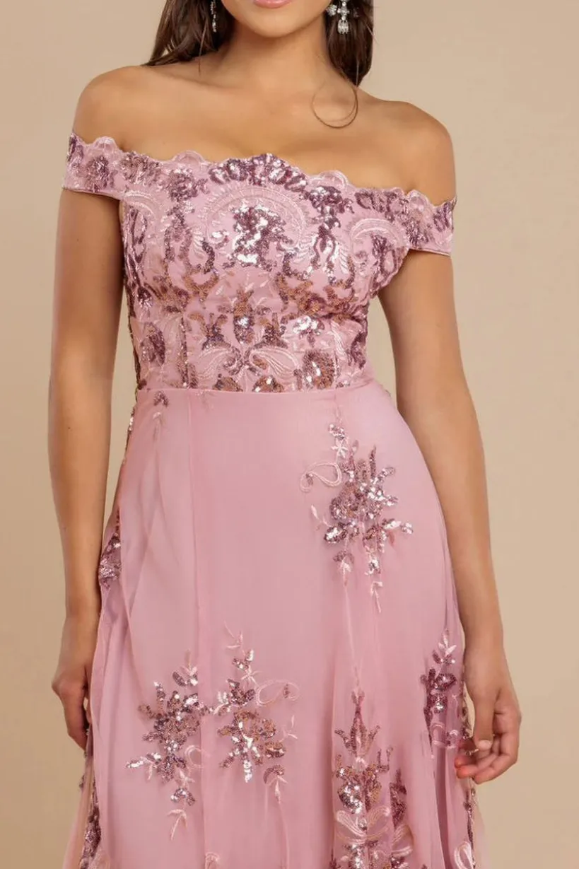 Bardot Sequin & Lace High Low Midi - Blush by Goddiva