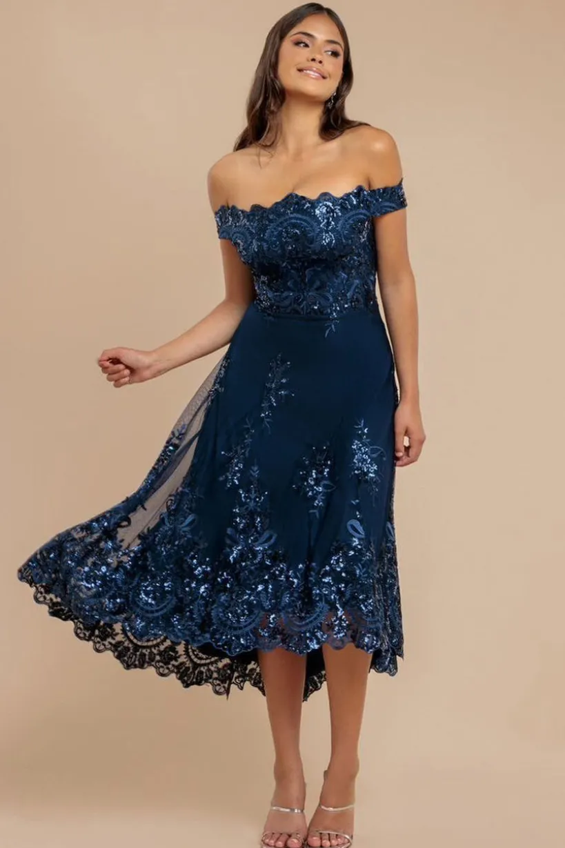 Bardot Sequin & Lace High Low Midi - Navy by Goddiva