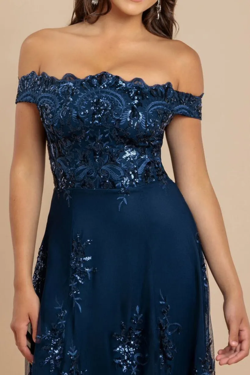 Bardot Sequin & Lace High Low Midi - Navy by Goddiva