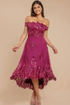 Bardot Sequin & Lace High Low Midi - Magenta by Goddiva