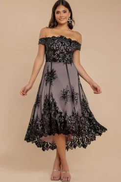 Bardot Sequin & Lace High Low Midi - Black by Goddiva