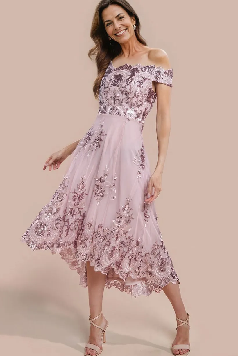 Bardot Sequin & Lace High Low Midi - Blush Pink by Goddiva